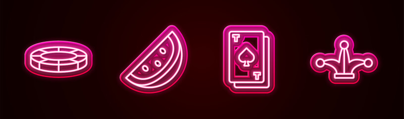 Set line Casino chips, slot machine with watermelon, Playing card spades and Joker playing. Glowing neon icon. Vector