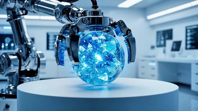 A robotic arm holds a glowing blue sphere on a white pedestal in a futuristic laboratory setting