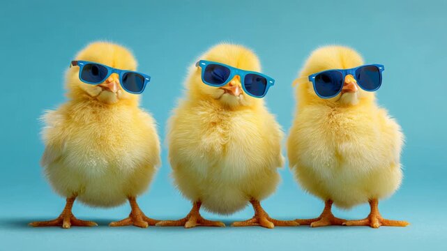 Chicks celebrate Easter in fun sunglasses during joyful moments at an indoor space with a colorful backdrop