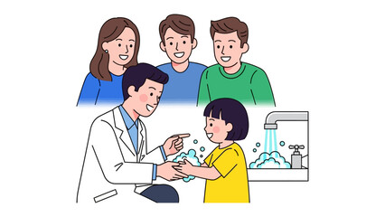 Fototapeta premium Washing Hands Lesson: An illustrated scene depicting a doctor showing a young child the proper way to wash their hands under running water.