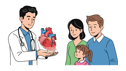 Fototapeta premium Cardiac Consultation: A compassionate healthcare provider explaining the intricacies of a human heart to a concerned family, fostering a sense of understanding and reassurance.