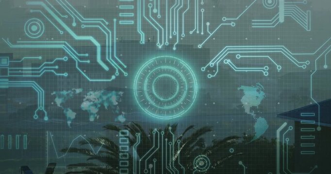 Ring materializing above palm, teal HUD forming, visualizing data, map left, pixel globe right