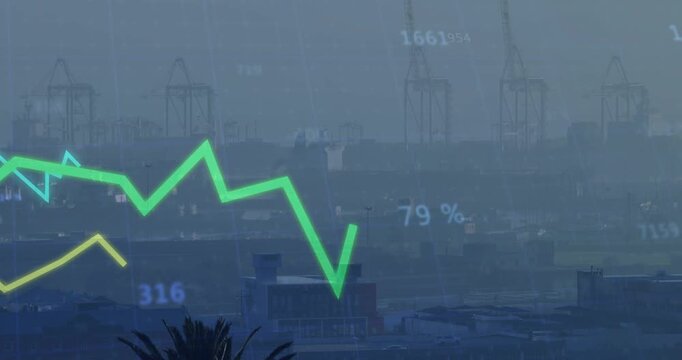 Number fading in starting data chart showing green line rising, cyan, yellow tracking port trends