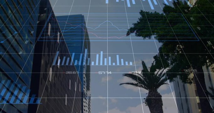 HUD appearing, bars growing, pies sliding, donut expanding over palm tree, visualizing urban data