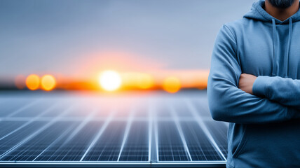 Worker standing by solar panels at sunset representing renewable energy operations and clean power leadership.
