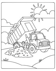 Construction coloring page for kids with a dumper truck and a pile of dirt © Inkartia