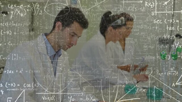 Camera pulling back as lab team testing, handling green vials using tablet with formulas overlaying