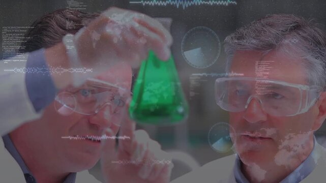 Left lab tech lifting flask, two researchers assessing green sample while HUD annotating sample