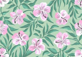 Watercolor Hibiscus Seamless Pattern, Tropical Pink Flowers on Mint Background