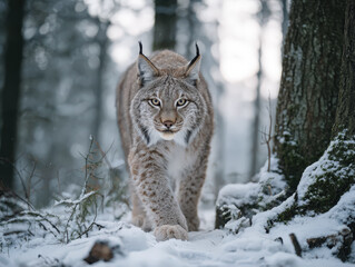 Lynx walks silently through a snowy forest, blending with the frozen landscape.
Wild feline shows stealth and hunting instincts in winter wilderness.