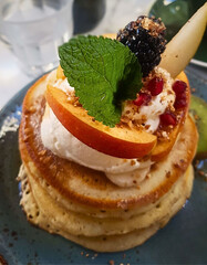 Stack of Pancakes with Fresh Fruits and Cream ©  Nicole & Mika Visua