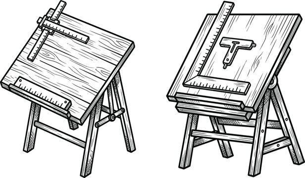 Architectural tools on a wooden drafting table featuring a ruler t-square and a compass for precise drawings