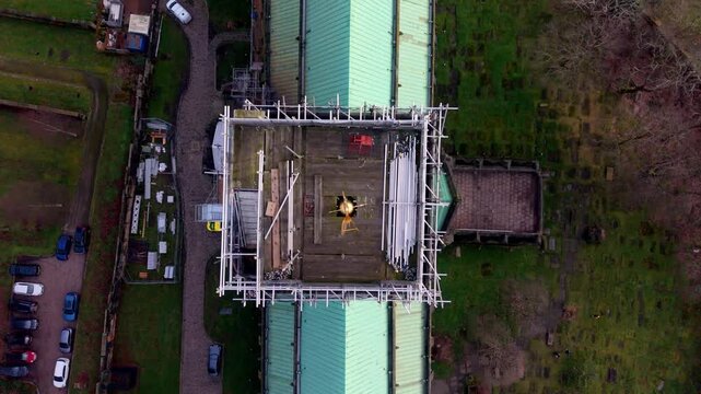 Top down aerial drone view of Glasgow Cathedral during restoration in Scotland

