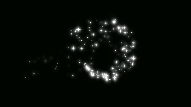 Sparkling white stars twinkling on black background loop, cinematic glowing lens flare star field overlay, magical shimmering glitter particles for video editing and high quality. 4k loop animation