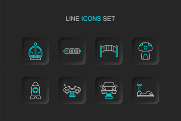 Fototapeta premium Set line Bumper car, Swing, Rocket ship toy, Mushroom house, Playground kids bridge, Education logic game and Attraction carousel icon. Vector