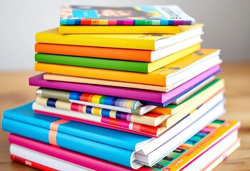 Stack of vibrant multicolored exercise books, various sizes, colorful background, drawing