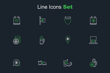 Fototapeta premium Set line Glass of beer, Leprechaun boot, Clover trefoil leaf, hat, Balloon with clover, and Golden leprechaun coin icon. Vector