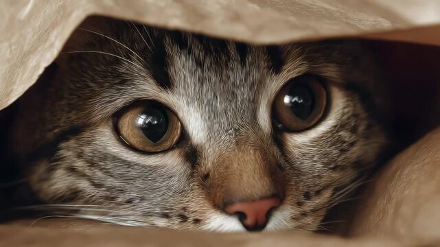 Close-up of a tabby cat's face peeking out from a paper bag with wide, curious eyes