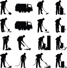 Naklejka premium Professional Street Sweeper and Sanitation Worker Silhouette Icons for Urban Services