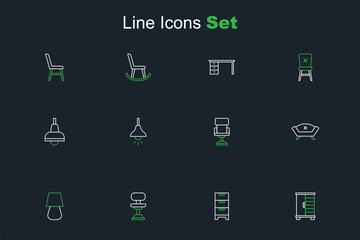 Naklejka premium Set line Wardrobe, Chest of drawers, Office chair, Table lamp, Sofa, Lamp hanging and icon. Vector