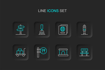 Fototapeta premium Set line Waiting hall, Railway tunnel, Cafe and restaurant location, Trolley suitcase, Train traffic light, Passport, Arrow for switching the railway and Road sign icon. Vector