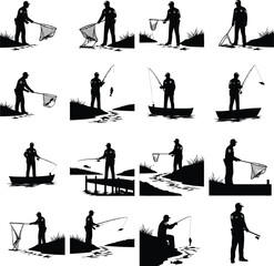 Naklejka premium Professional Fisherman and Angler Silhouette Icons for Outdoor Recreation and Sport Set
