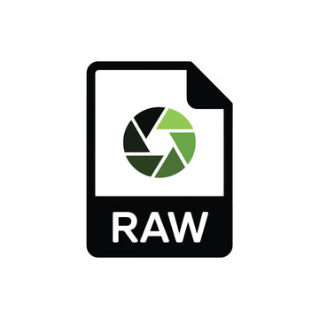 A black icon depicting a raw image file with a camera shutter