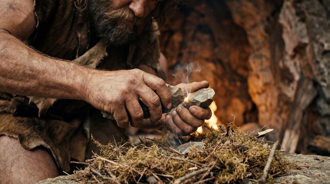 Man making fire with flint and steel at primal encampment site. Prehistoric era survival skill demonstration concept. Early human innovation.