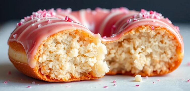 Large, glazed donut bite showing crumbly texture and rich icing,  food photography,  fluffy