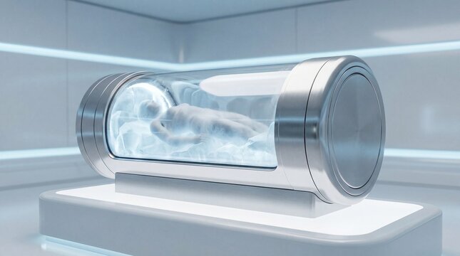 Human body cryogenically frozen in a capsule for future reanimation. Bio preservation technology and hibernation for space travel.