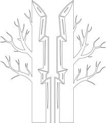 A black and white image of two trees with a crack