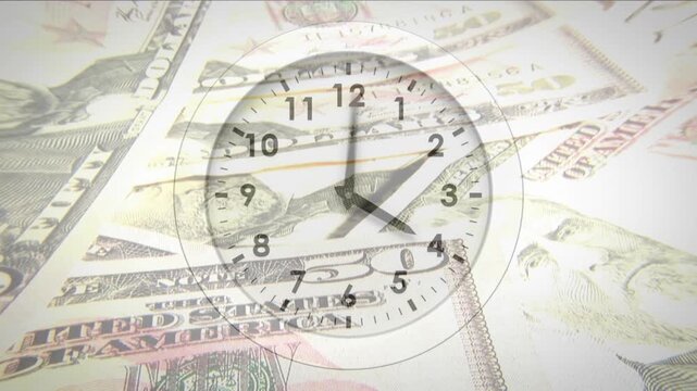 On start faint clock hands moving clockwise over US bills, chain sliding, showing value loss
