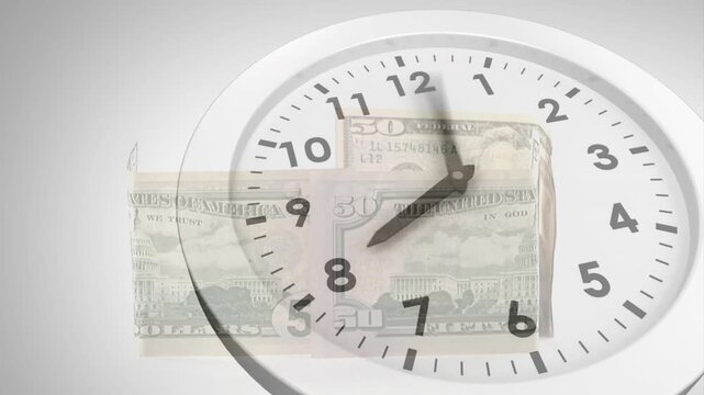 On play, clock and banknotes moving closer while hands rotating, showing time layered over money