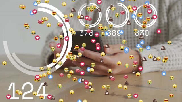 Woman tapping phone on table, causing emojis and counters increasing, tracking marketing engagement