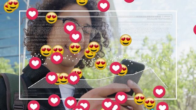 Man tapping phone making heart emojis over data panel covering face or torso, tracking marketing rea