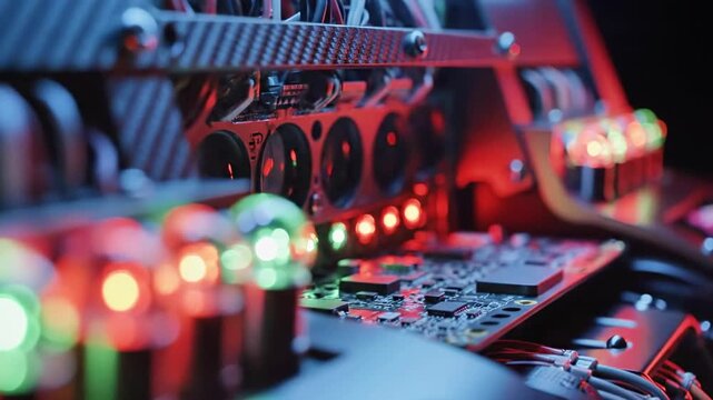 A  close-up of a computer motherboard with rows of illuminated cylindrical components