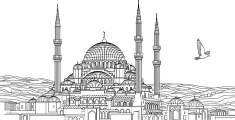 Black and white mosque with minarets and domes and a bird flying overhead © Shamimara creative 