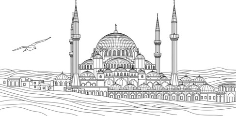 Black and white of a mosque with minarets and domes line architecture © Shamimara creative 