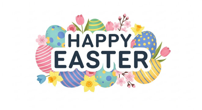 Colorful easter eggs and flowers with happy easter text on white