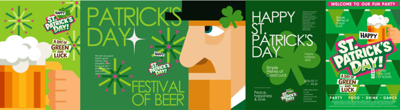 Happy St. Patrick's Day. Vector illustration of a beer, shamrocks, a leprechaun face, flags, fireworks and green festive elements for greeting card, poster, banner, invitation, brochure and background