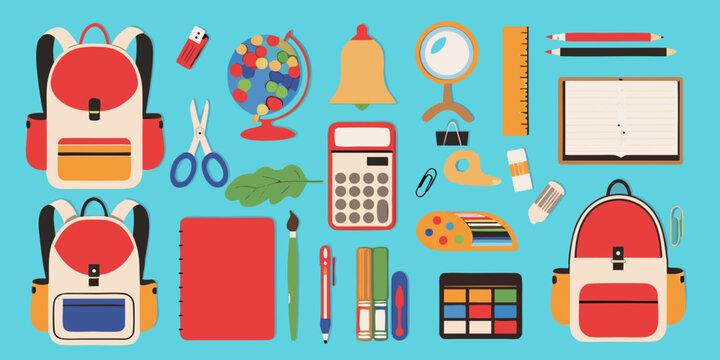 Colorful school supplies arranged on a teal background depicting education