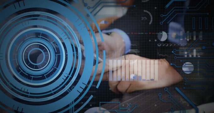 Two pros hovering by cup, grasping smartphone, tapping and accessing business graphs with blue HUD