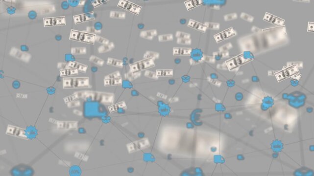 Financial network moving after camera shift and physics, bills drifting, nodes pulsing to show flow