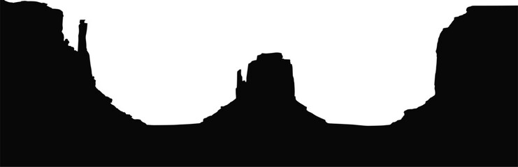 Fototapeta premium Desert landscape silhouette, Monument Valley buttes, American Southwest scenery, natural landmark illustration, Western heritage artwork, travel culture vector composition
