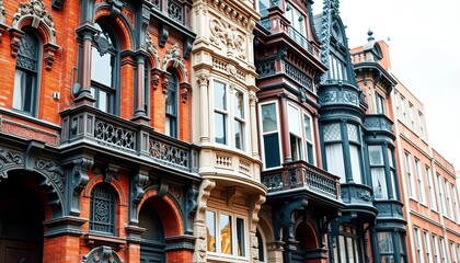 Obraz premium Ornate Victorian-era building facades, intricate details, aged brickwork, brownstone, architectural detail