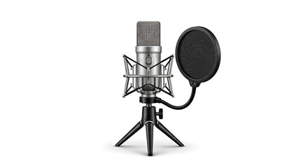 Studio condenser microphone with pop filter on stand isolated on white background