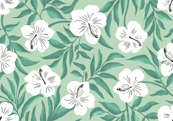 Seamless tropical pattern with white hibiscus flowers and green leaves on a mint background. © Five figs