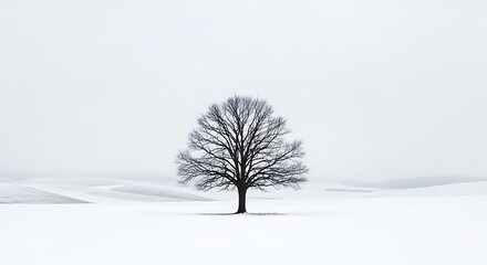 Lone bare tree standing in empty snow field minimalist winter landscape
