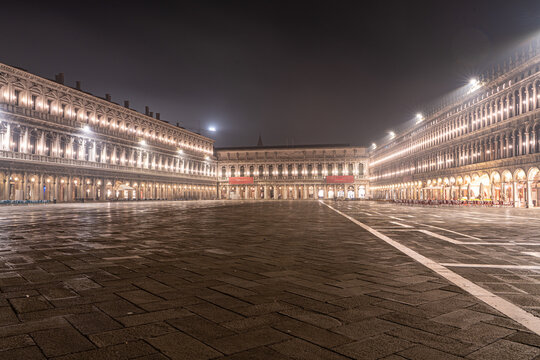 Piazza San Marco (St Mark's Square) illuminated at night, Venice, Veneto, Italy