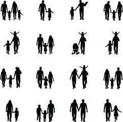 Fototapeta premium Happy Family Silhouette Vector Set: Parents and Children Walking, Holding Hands, and Playing